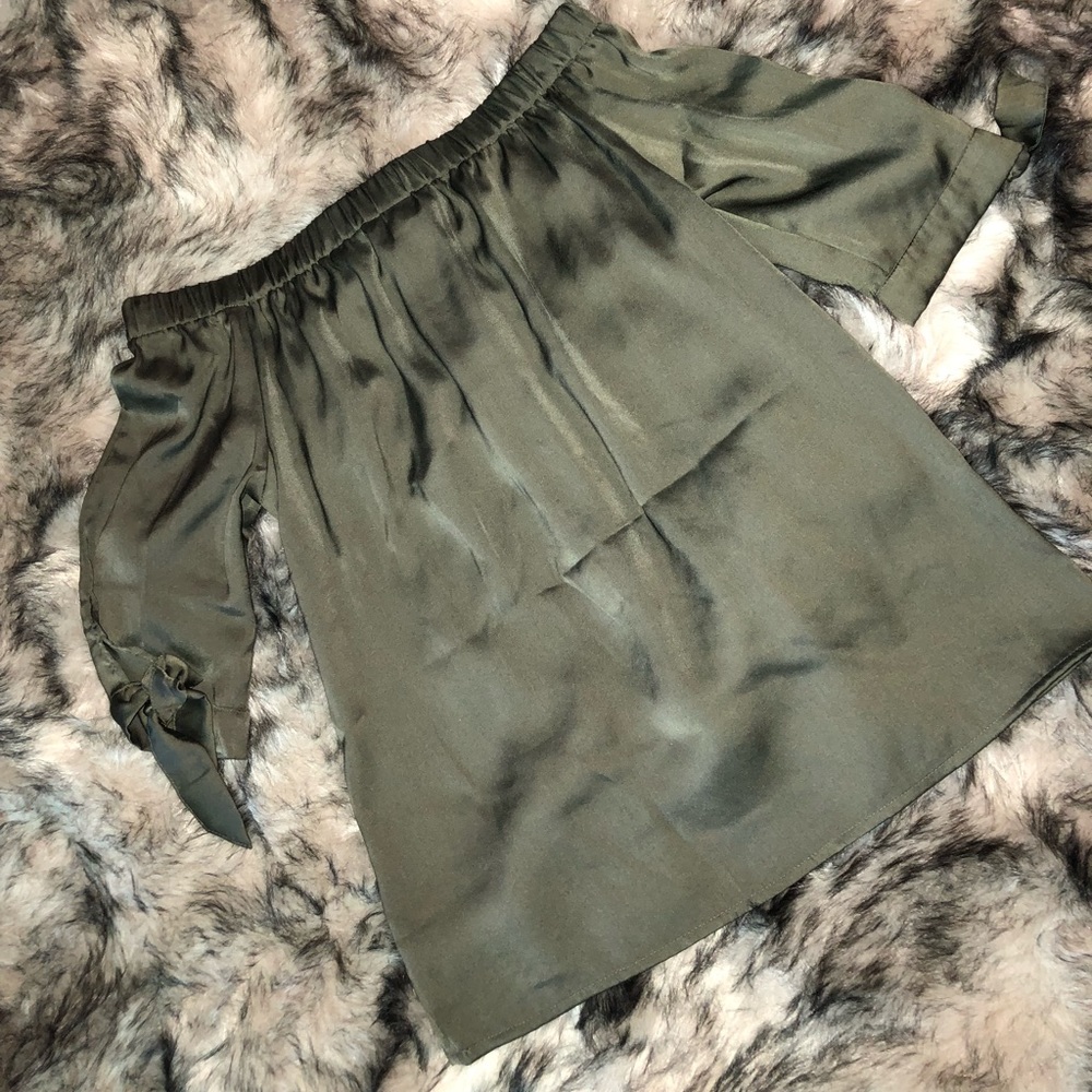 Olive satin off shoulder shirt